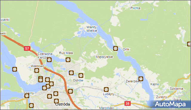 mapa Międzylesie gmina Ostróda, Międzylesie gmina Ostróda na mapie Targeo