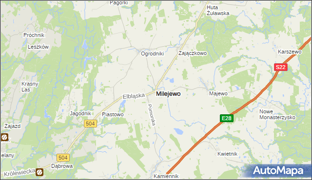 mapa Milejewo powiat elbląski, Milejewo powiat elbląski na mapie Targeo