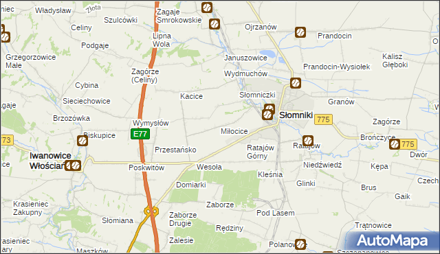 mapa Miłocice gmina Słomniki, Miłocice gmina Słomniki na mapie Targeo