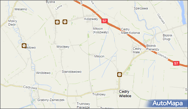 mapa Miłocin gmina Cedry Wielkie, Miłocin gmina Cedry Wielkie na mapie Targeo