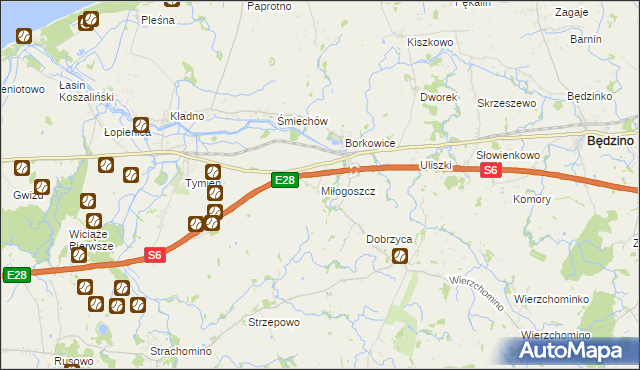 mapa Miłogoszcz gmina Będzino, Miłogoszcz gmina Będzino na mapie Targeo