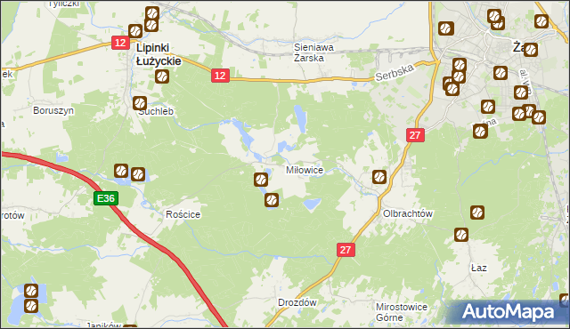 mapa Miłowice gmina Żary, Miłowice gmina Żary na mapie Targeo