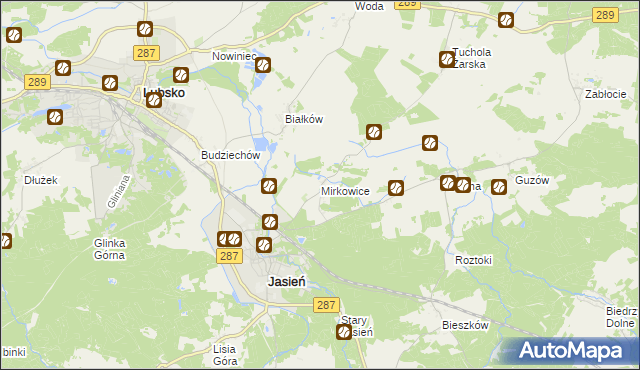 mapa Mirkowice gmina Jasień, Mirkowice gmina Jasień na mapie Targeo