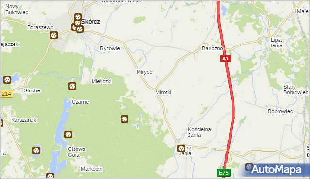 mapa Mirotki gmina Skórcz, Mirotki gmina Skórcz na mapie Targeo