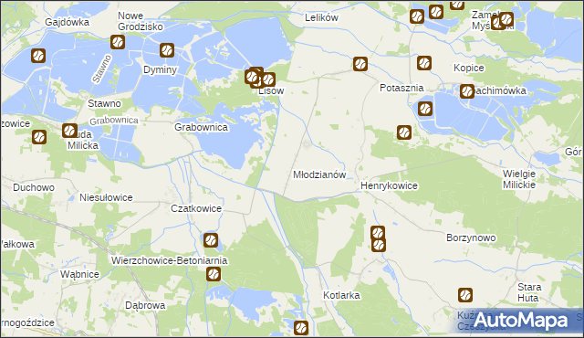 mapa Młodzianów gmina Milicz, Młodzianów gmina Milicz na mapie Targeo
