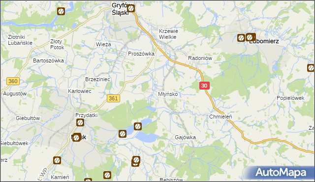 mapa Młyńsko gmina Gryfów Śląski, Młyńsko gmina Gryfów Śląski na mapie Targeo