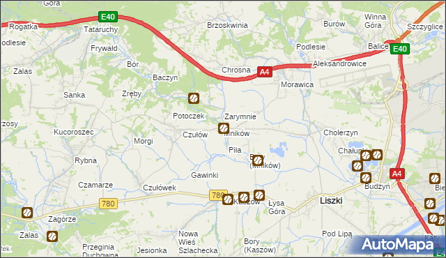 mapa Mników gmina Liszki, Mników gmina Liszki na mapie Targeo