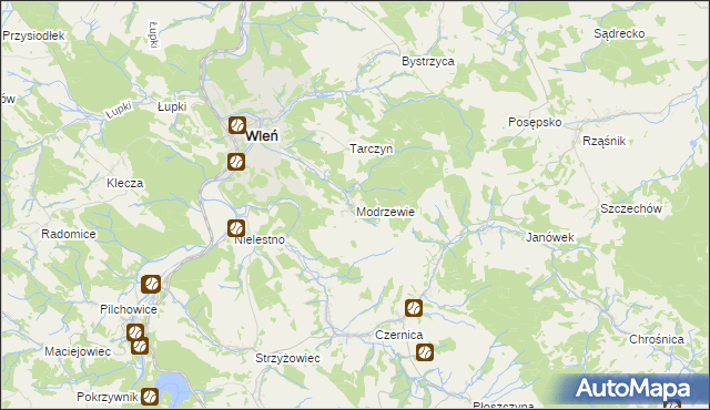 mapa Modrzewie gmina Wleń, Modrzewie gmina Wleń na mapie Targeo