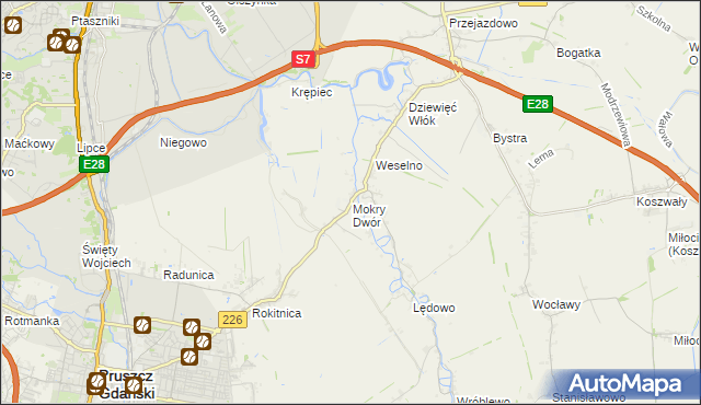 mapa Mokry Dwór gmina Pruszcz Gdański, Mokry Dwór gmina Pruszcz Gdański na mapie Targeo