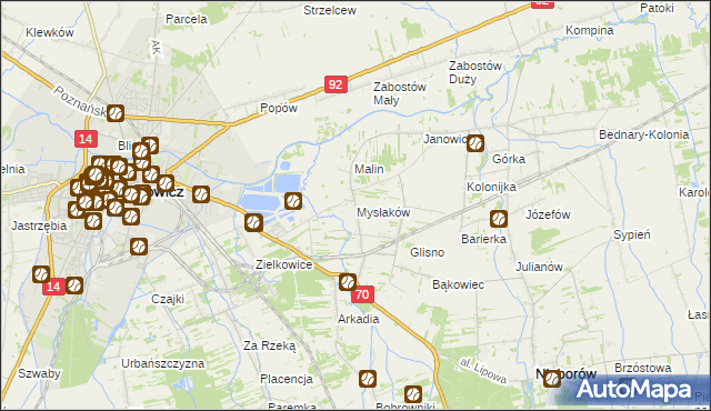 mapa Mysłaków gmina Nieborów, Mysłaków gmina Nieborów na mapie Targeo