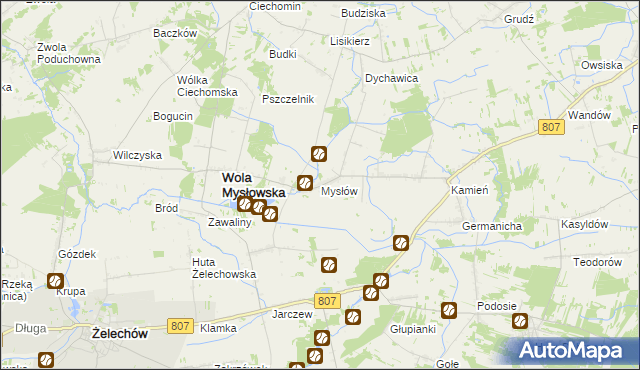 mapa Mysłów gmina Wola Mysłowska, Mysłów gmina Wola Mysłowska na mapie Targeo