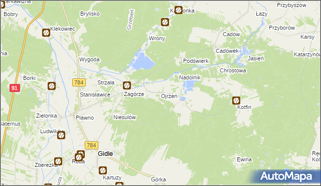 mapa Ojrzeń gmina Gidle, Ojrzeń gmina Gidle na mapie Targeo