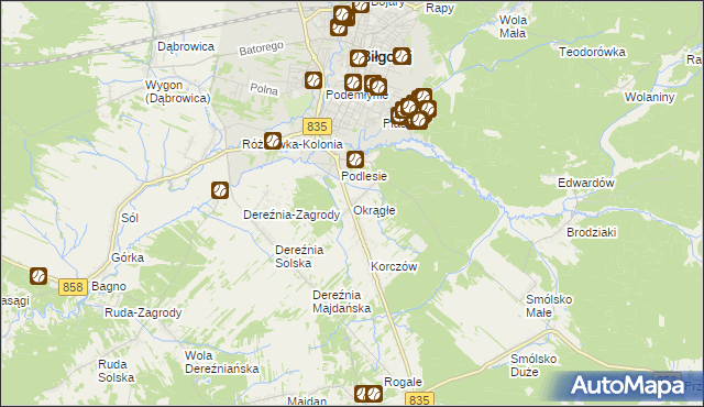 mapa Okrągłe gmina Biłgoraj, Okrągłe gmina Biłgoraj na mapie Targeo