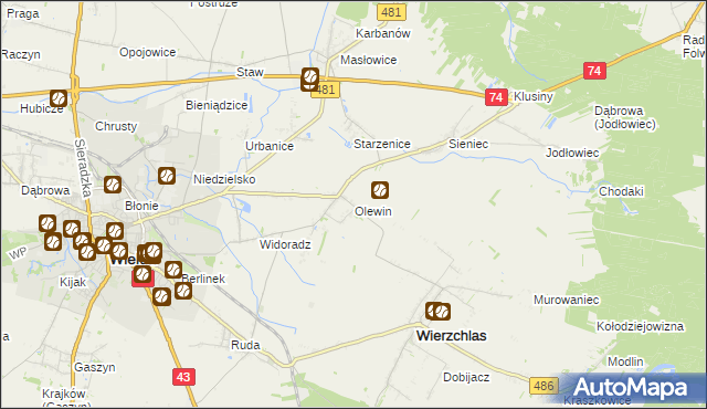 mapa Olewin gmina Wieluń, Olewin gmina Wieluń na mapie Targeo