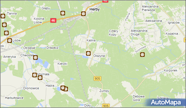 mapa Olszyna gmina Herby, Olszyna gmina Herby na mapie Targeo