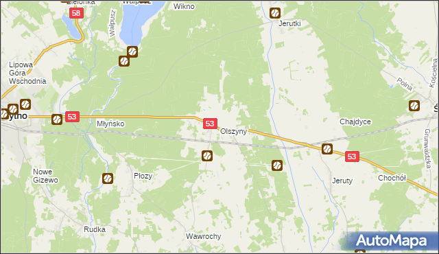 mapa Olszyny gmina Szczytno, Olszyny gmina Szczytno na mapie Targeo