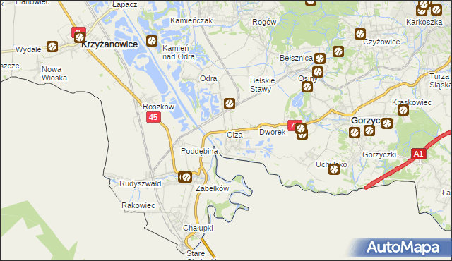 mapa Olza gmina Gorzyce, Olza gmina Gorzyce na mapie Targeo