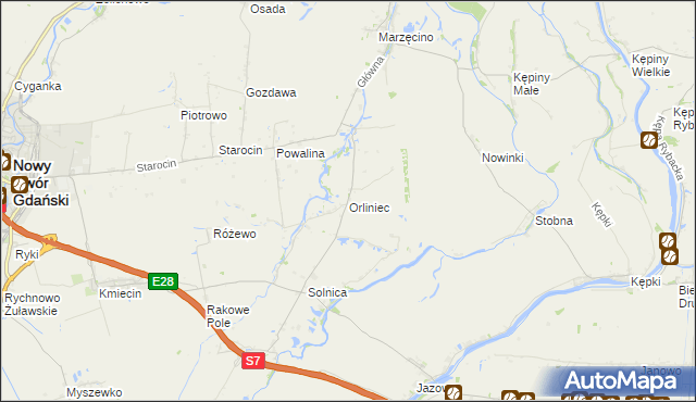 mapa Orliniec gmina Nowy Dwór Gdański, Orliniec gmina Nowy Dwór Gdański na mapie Targeo