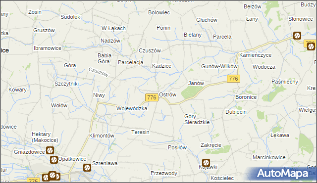 mapa Ostrów gmina Proszowice, Ostrów gmina Proszowice na mapie Targeo