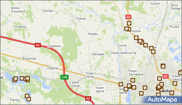 mapa Ostrówek gmina Siedlce, Ostrówek gmina Siedlce na mapie Targeo