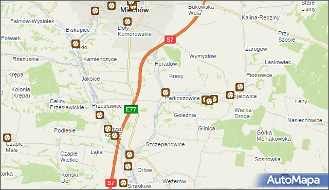 mapa Parkoszowice gmina Miechów, Parkoszowice gmina Miechów na mapie Targeo