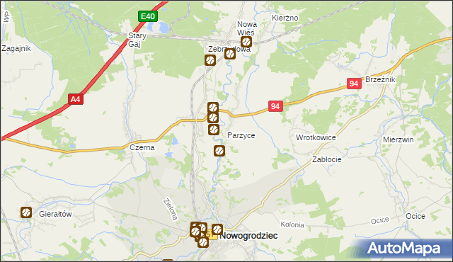 mapa Parzyce gmina Nowogrodziec, Parzyce gmina Nowogrodziec na mapie Targeo