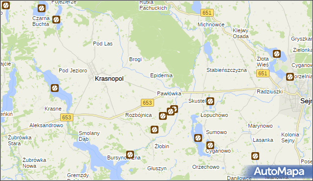 mapa Pawłówka gmina Krasnopol, Pawłówka gmina Krasnopol na mapie Targeo