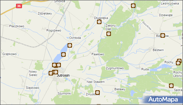 mapa Pawłowo gmina Jutrosin, Pawłowo gmina Jutrosin na mapie Targeo