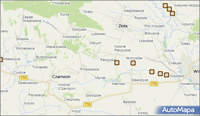 mapa Pełczyska gmina Złota, Pełczyska gmina Złota na mapie Targeo