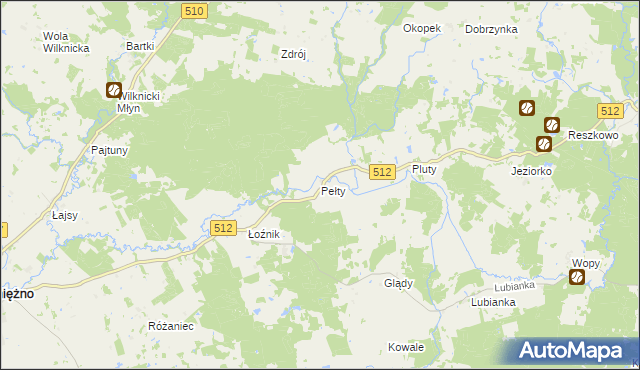 mapa Pełty gmina Pieniężno, Pełty gmina Pieniężno na mapie Targeo