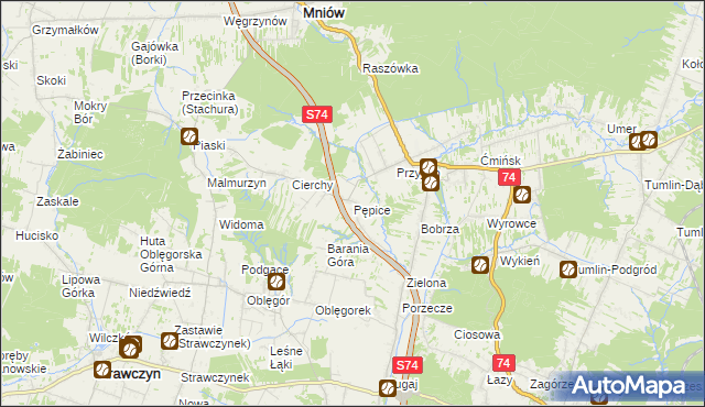 mapa Pępice gmina Mniów, Pępice gmina Mniów na mapie Targeo