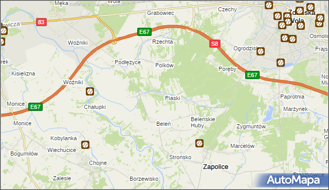 mapa Piaski gmina Zduńska Wola, Piaski gmina Zduńska Wola na mapie Targeo
