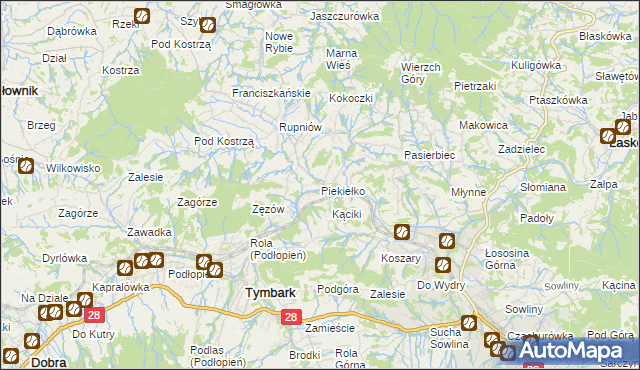mapa Piekiełko gmina Tymbark, Piekiełko gmina Tymbark na mapie Targeo