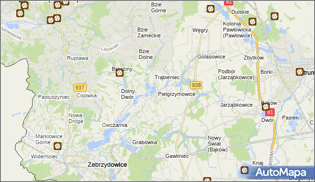 mapa Pielgrzymowice gmina Pawłowice, Pielgrzymowice gmina Pawłowice na mapie Targeo