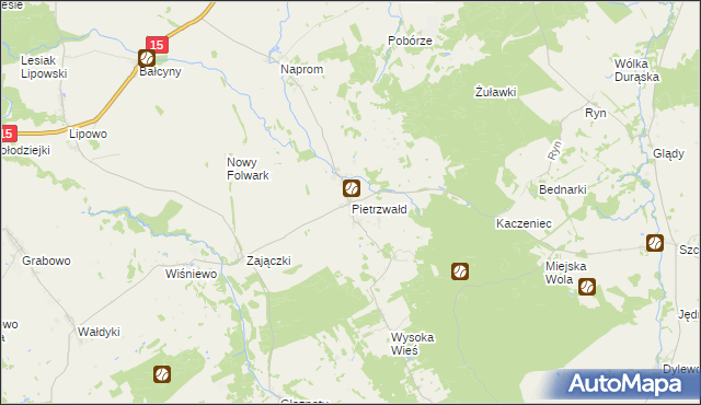 mapa Pietrzwałd gmina Ostróda, Pietrzwałd gmina Ostróda na mapie Targeo