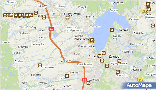 mapa Pietrzykowice gmina Łodygowice, Pietrzykowice gmina Łodygowice na mapie Targeo