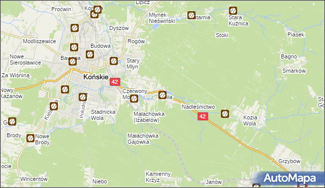 mapa Piła gmina Końskie, Piła gmina Końskie na mapie Targeo