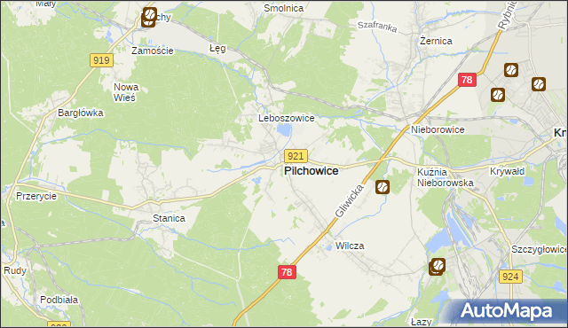 mapa Pilchowice powiat gliwicki, Pilchowice powiat gliwicki na mapie Targeo