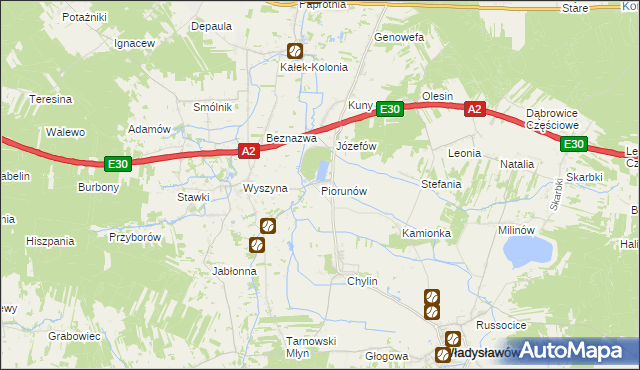 mapa Piorunów gmina Władysławów, Piorunów gmina Władysławów na mapie Targeo