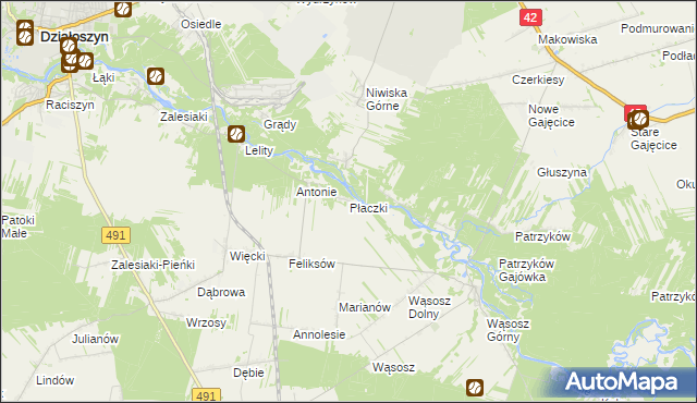 mapa Płaczki gmina Popów, Płaczki gmina Popów na mapie Targeo