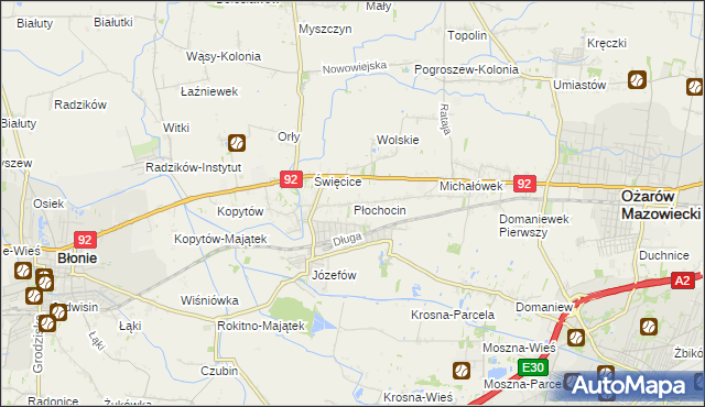 mapa Płochocin gmina Ożarów Mazowiecki, Płochocin gmina Ożarów Mazowiecki na mapie Targeo