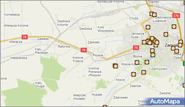 mapa Płoskie gmina Zamość, Płoskie gmina Zamość na mapie Targeo