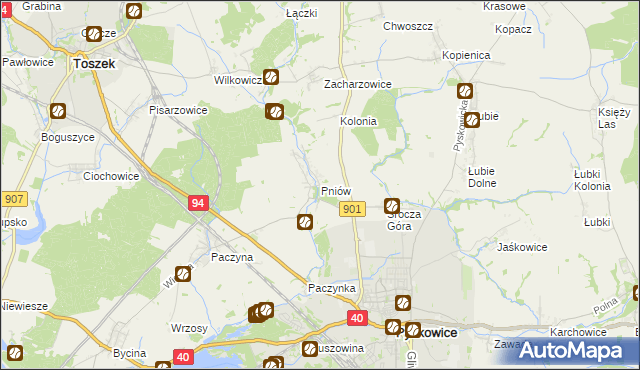 mapa Pniów gmina Toszek, Pniów gmina Toszek na mapie Targeo