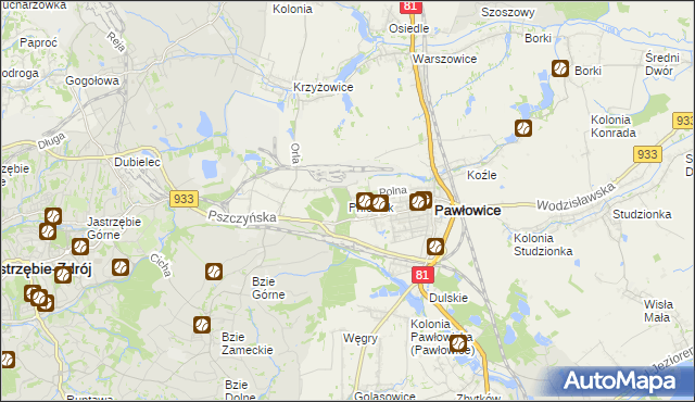 mapa Pniówek gmina Pawłowice, Pniówek gmina Pawłowice na mapie Targeo
