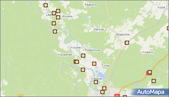 mapa Podgórzyce gmina Nowogród Bobrzański, Podgórzyce gmina Nowogród Bobrzański na mapie Targeo