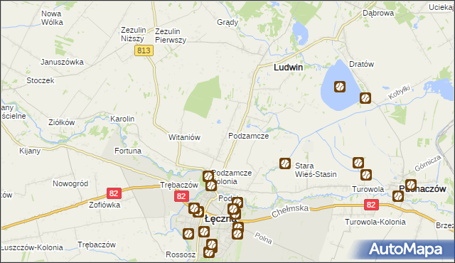 mapa Podzamcze gmina Łęczna, Podzamcze gmina Łęczna na mapie Targeo