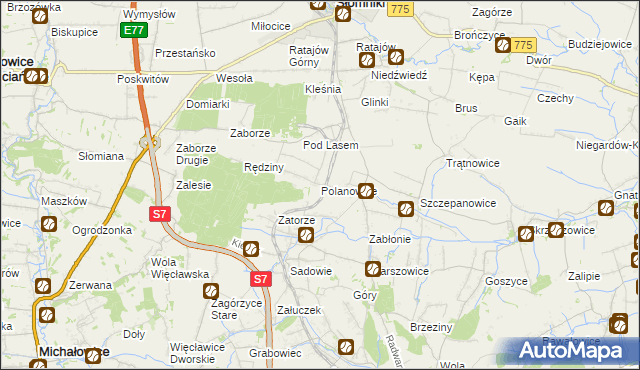 mapa Polanowice gmina Słomniki, Polanowice gmina Słomniki na mapie Targeo