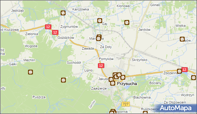 mapa Pomyków gmina Przysucha, Pomyków gmina Przysucha na mapie Targeo