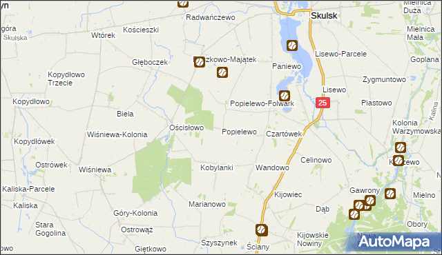 mapa Popielewo gmina Skulsk, Popielewo gmina Skulsk na mapie Targeo