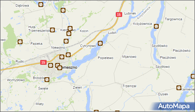 mapa Popielewo gmina Trzemeszno, Popielewo gmina Trzemeszno na mapie Targeo